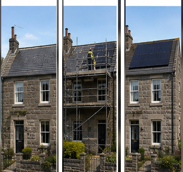 Illustrative example of a solar installation on a Aberdeen home, shown before, during and after